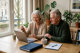 Echtpaar van begin zeventig bekijkt samen met een laptop en koffiekopjes de belastingpapieren aan de eettafel.