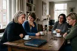 Vier vrouwen zitten tegenover elkaar aan een donkere houten eettafel met koffiekopjes, een leesbril, huissleutel en een map.
