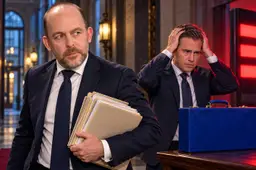 Fotomontage van Bart van den Brink met dossiers en Eelco Heinen met zijn handen in het haar, naast een blauwe begrotingskoffer en een rood verlicht bord.