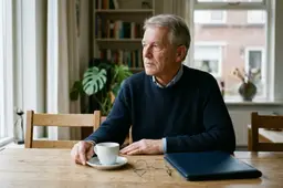 Man van middelbare leeftijd met grijs haar zit aan een houten eettafel met een kop koffie, leesbril en donkere map.