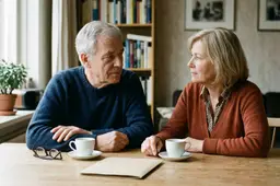 Oudere Nederlandse man en zijn iets jongere vrouw zitten met twee kopjes koffie en een dichte map aan een eikentafel