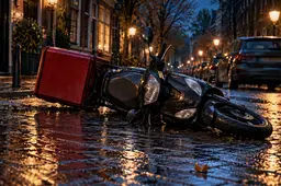 Omgevallen bezorgscooter op een natte straat in de avond