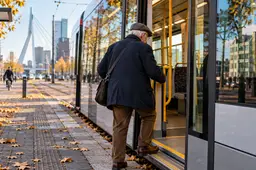Illustratie van een oudere man die in een tram stapt.