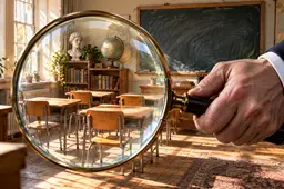 Hand met vergrootglas boven een klein klaslokaal met vier lege stoeltjes, symbool voor de jacht op de FVD-school