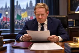 Illustratie van David van Weel aan zijn bureau met een paspoort en documenten, met achter het raam een demonstratie met effen vlaggen.