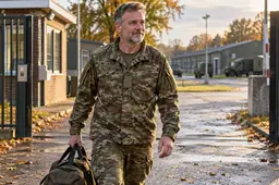 Defensiemedewerker verlaat met een sporttas een kazerne in herfstlicht.