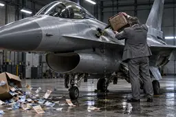 Ambtenaar giet diesel uit een roestige jerrycan in een straaljager, symbool voor het mislukte UWV-systeem van 55 miljoen