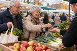 Echtpaar van begin zeventig rekent contant af bij een groentekraam op de weekmarkt.