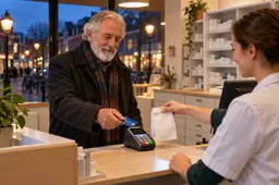 Oudere man met een grijze baard betaalt bij de balie van een apotheek met zijn pinpas