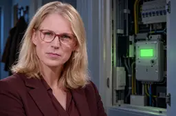 Illustratie van Elanor Boekholt-O’Sullivan naast een geopende meterkast met groen oplichtend display.