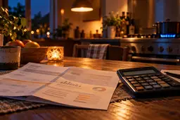 Energierekening en rekenmachine op de keukentafel met op de achtergrond een brandende gasvlam