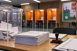 AI-illustratie van een stembureau met een stembus en een stapel volmachtformulieren.