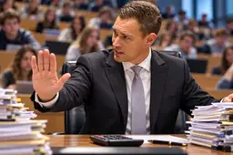 AI-illustratie van Eelco Heinen achter een bureau met nota’s, met studenten in een collegezaal op de achtergrond.