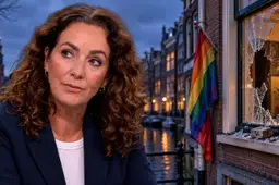 Symbolische AI-illustratie van Femke Halsema naast een gebroken raam met een baksteen en een regenboogvlag aan een Amsterdamse gevel.
