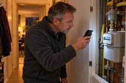 Man schijnt met de zaklamp van zijn telefoon op de gasmeter in een geopende meterkast.