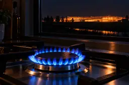 Een gaspit met een blauwe vlam op een fornuis in een donkere keuken, met door het raam in de verte een oranje verlicht kassencomplex in de nacht.