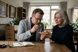 Taxateur bekijkt met een loep een gouden ring bij een oudere vrouw, met ingelijste schilderijen tegen de muur