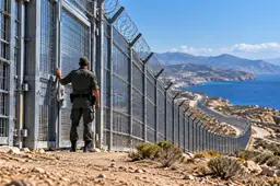 Een grensbewaker bij een gesloten grenshek in een mediterraan kustlandschap.