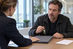 Bezorgde man met huissleutels tegenover een bankmedewerker die een gesloten hypotheekmap naar hem terugschuift.