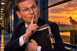 AI-Illustratie van Jaimi van Essen met een afgesloten dossiermap en een vinger voor zijn lippen, met buiten een grutto op een paaltje.