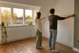 Jong stel meet met een rolmaat een lege zolderkamer op tijdens een bezichtiging