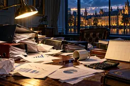 Een chaotisch bureau met begrotingsmappen, losse papieren en gemorste koffie, met het Binnenhof op de achtergrond.