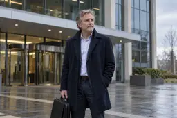 Man van rond de vijfenvijftig in donkere jas staat met een aktetas voor de ingang van een groot kantoorgebouw op een bewolkte ochtend