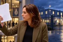 AI-illustratie van Marina Vondeling met opgeheven papieren, naast een symbolisch opvanggebouw achter een gesloten hek.