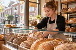 Meisje van zeventien legt broden in de vitrine van een bakkerswinkel, met ochtendlicht door de etalage