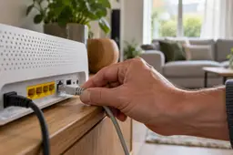 Hand controleert een netwerkkabel bij een modem in een woonkamer.