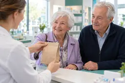 Ouder stel aan de apotheekbalie; de vrouw neemt een papieren medicijnzakje aan terwijl haar man meekijkt.