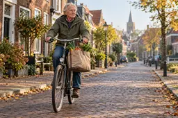 Oudere man fietst met een volle boodschappentas aan zijn stuur door een Nederlandse dorpsstraat in de herfst.