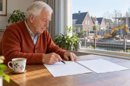 Illustratie van een gepensioneerde man die twee pensioenoverzichten aan zijn eettafel vergelijkt.