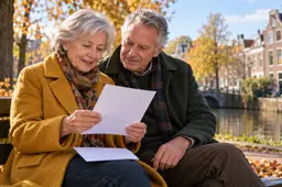 Gepensioneerd stel bekijkt samen een brief op een bankje langs een gracht in herfstlicht.