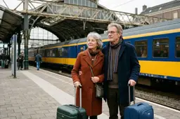 Een Nederlands echtpaar van zevenenzestig jaar staat met twee reiskoffers op een Nederlands treinstation.