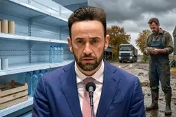 Illustratie van staatssecretaris Silvio Erkens tussen een halfleeg supermarktschap met noodblikken en een Nederlandse veehouder met een stapel zware rekeningen.
