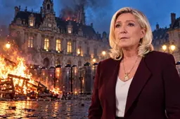Illustratie van Marine Le Pen op een Frans plein, met achter haar een smeulend historisch stadhuis, een brandende palletbarricade en een rij oproerschilden.