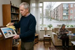 Oudere man met snor stoft een ingelijste foto van een wit huis af terwijl zijn vrouw op de bank de was opvouwt.