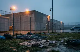 Doorweekte slaapzakken op het natte gras voor het hek van een aanmeldcentrum, op een grauwe regenachtige ochtend