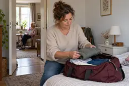 Dochter pakt een tas uit in de logeerkamer bij haar oudere moeder.