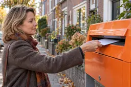 Een vrouw verstuurt een brief via een oranje straatbrievenbus.