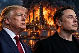 Illustratie van Donald Trump en Elon Musk tegen de achtergrond van een brandende olieraffinaderij.