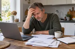 Man aan de keukentafel wacht met laptop en brieven op een beslissing over zijn uitkering