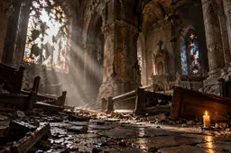 Verwoeste kerk met gebroken glas-in-loodraam, omgevallen banken en één brandende kaars