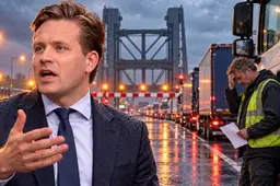 AI-Illustratie van Vincent Karremans bij een afgesloten brug met stilstaande vrachtwagens en een chauffeur met een brief.