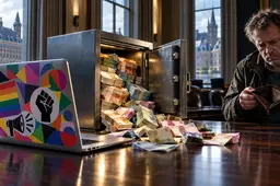 Een laptop met stickers naast een open kluis met geld op een vergadertafel tegenover een burger met een lege portemonnee.