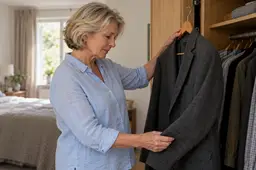 Oudere vrouw hangt de jas van haar overleden man in een houten kledingkast in een lichte slaapkamer.