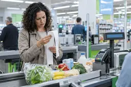 Vrouw controleert haar kassabon bij de kassa van een supermarkt