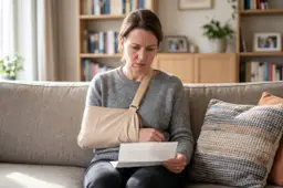 Vrouw met haar arm in een mitella zit op de bank en leest een brief, naast haar liggen sierkussens