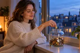 Vrouw stopt munten in een glazen spaarpot op de vensterbank, met stadsdaken in de schemering op de achtergrond.